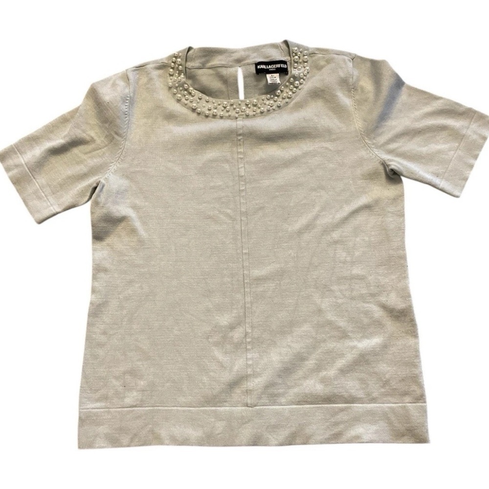 KARL LAGERFELD Faux Pearls Bow Accent Light Blue Knit Short Sleeve Sweater S‎